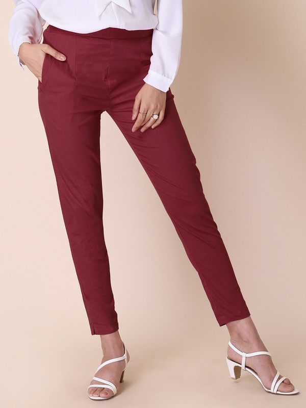 Women Regular Fit Maroon Cotton Blend Trousers