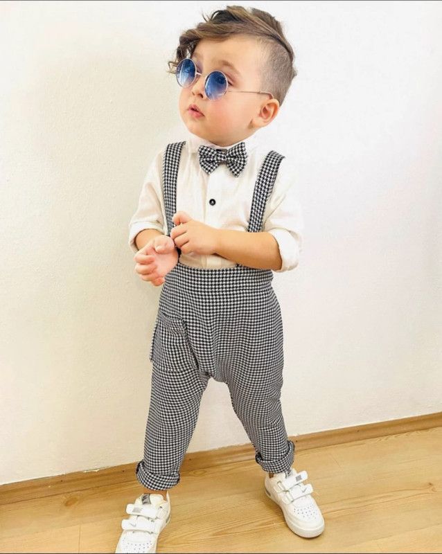 Dungaree For Baby Boys Checkered Cotton Silk  (Grey, Pack of 1)
