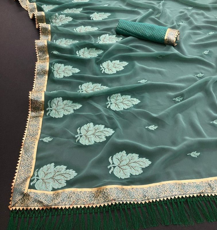 Embroidered, Embellished Bollywood Georgette Saree  (Blue)