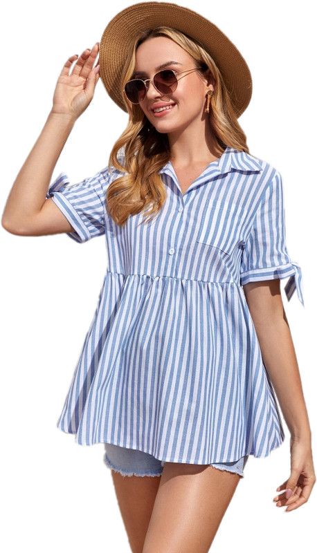 Casual Regular Sleeves Striped Women Light Blue Top