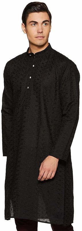 Men Solid Cotton Blend Straight Kurta  (Black)