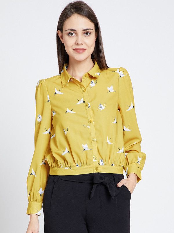 Casual Cuffed Sleeves Printed, Graphic Print Women Yellow Top