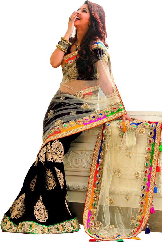 Embroidered Bollywood Handloom Cotton Blend Saree  (White, Black)