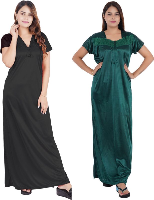 Pack of 2 Women Nighty  (Black, Dark Green)