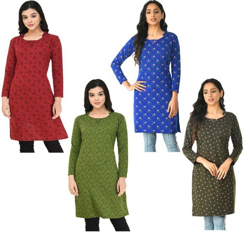 Pack of 4 Women Floral Print Wool A-line Kurta  (Dark Green, Maroon, Blue)