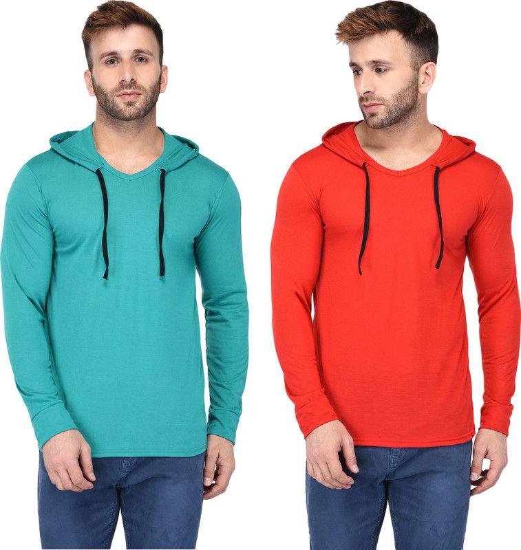 Pack of 2 Men Solid Hooded Neck Cotton Blend Light Blue, Orange T-Shirt
