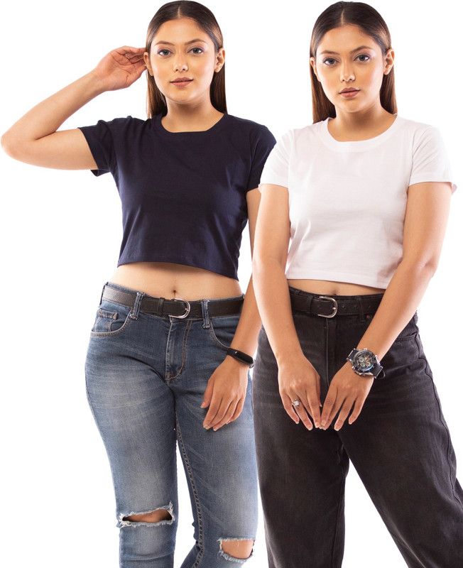 Pack of 2 Casual Regular Sleeves Solid Women White, Blue Top