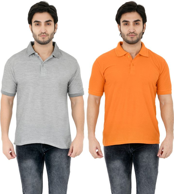 Pack of 2 Men Solid Polo Neck Poly Cotton Orange, Grey T-Shirt