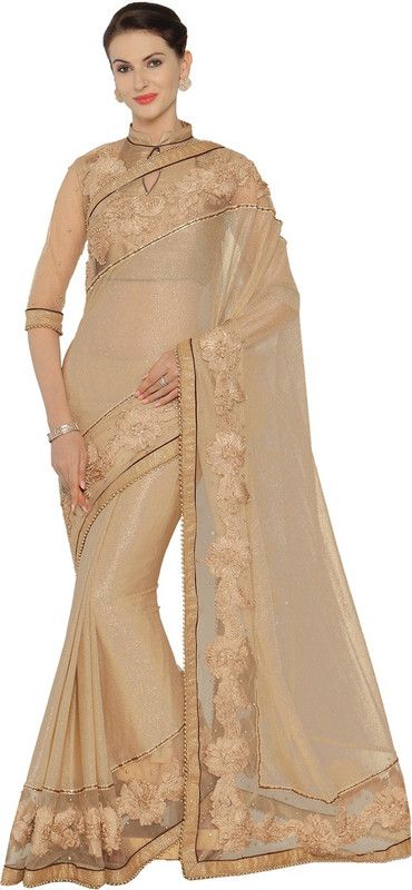 Embroidered Bollywood Net Saree  (Beige)