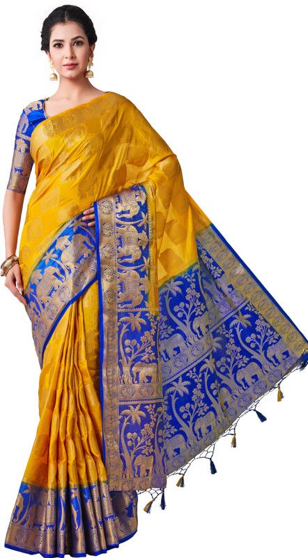 Embellished Kanjivaram Art Silk Saree  (Gold)