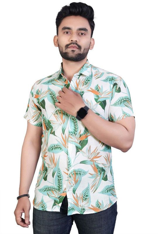 Men Striped Festive Cream Shirt