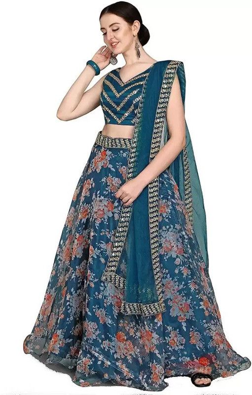 Floral Print Semi Stitched Lehenga Choli  (Blue)
