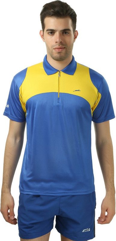 Men Printed Polo Neck Poly Cotton Blue, Yellow T-Shirt
