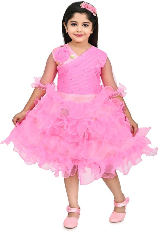 Girls Calf Length Party Dress  (Pink, Sleeveless)