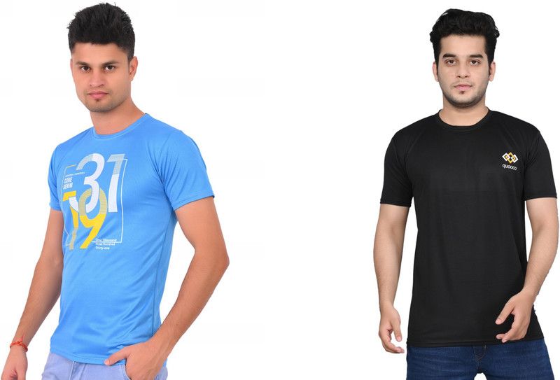 Pack of 2 Men Printed Round Neck Elastane Blue, Black T-Shirt