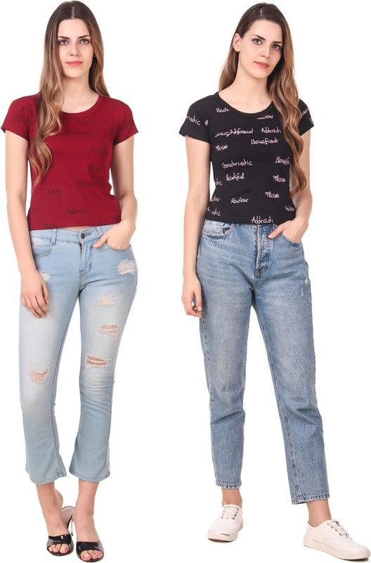 Pack of 2 Women Printed Round Neck Cotton Blend Maroon, Black T-Shirt