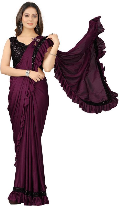 Solid, Embellished Fashion Lycra Blend Saree  (Purple, Black)