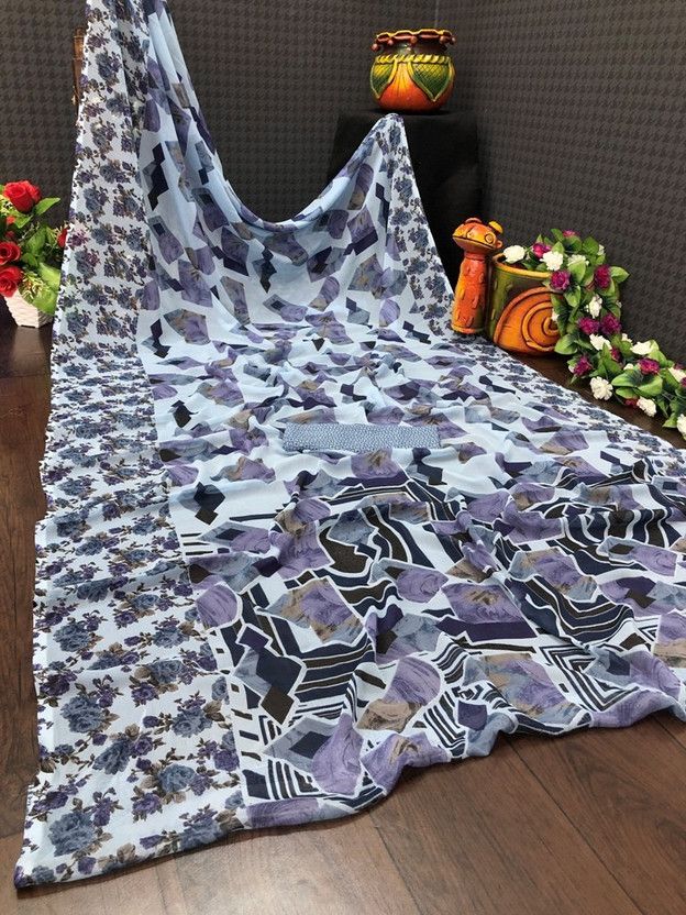 Printed Kanjivaram Cotton Blend Saree  (Blue)