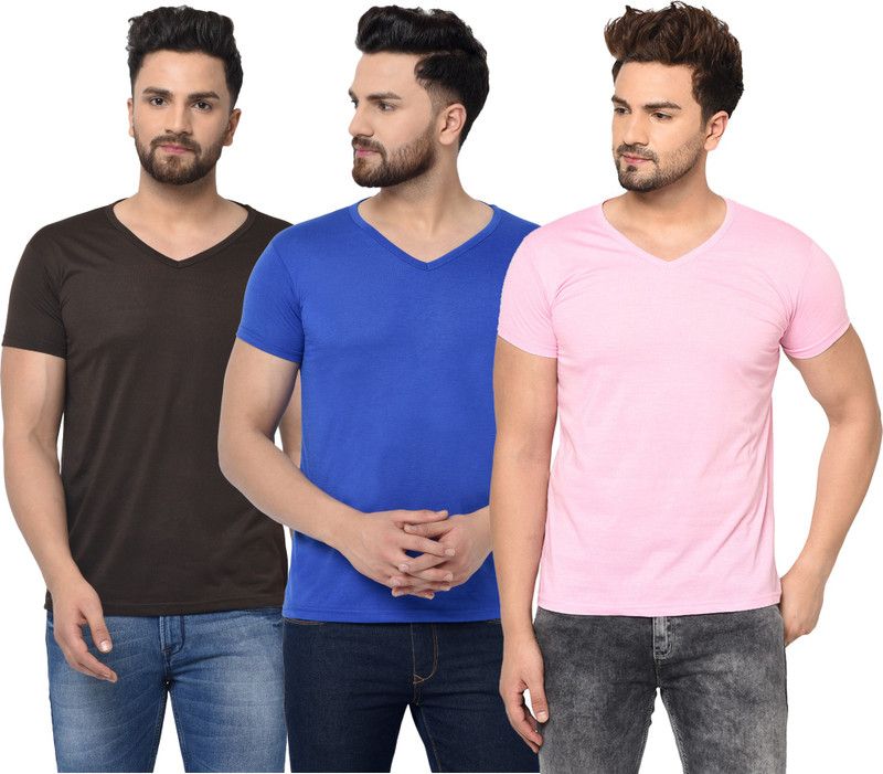 Pack of 3 Men Solid V Neck Cotton Blend Blue, Brown, Pink T-Shirt