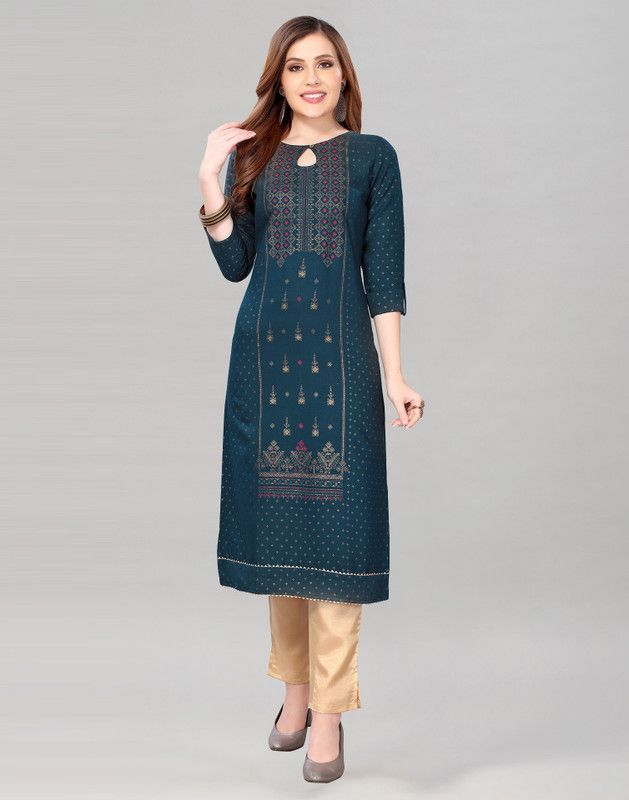 Women Printed Viscose Rayon Straight Kurta  (Dark Blue, Gold)
