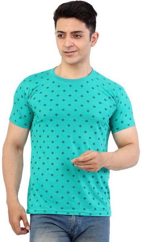 WV-ABJHHTS005 Men Printed Round Neck Pure Cotton Light Green T-Shirt