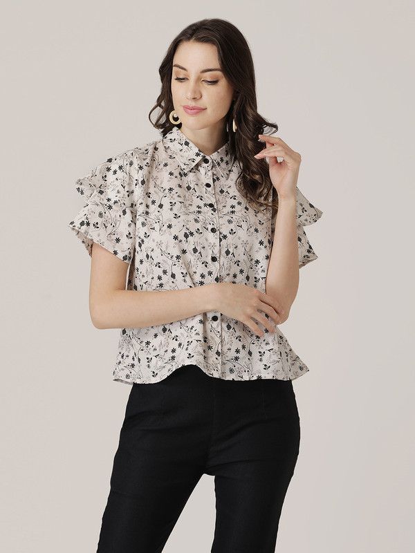 Casual Flared Sleeves Printed Women Beige, Black Top