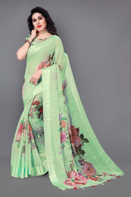 Printed Bollywood Cotton Blend Saree  (Light Green)