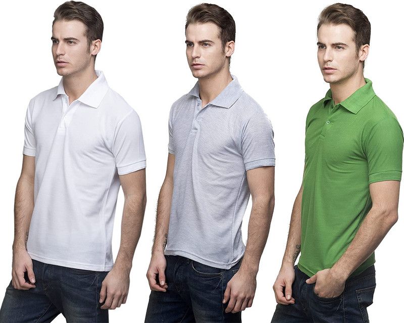 Pack of 3 Men Solid Polo Neck Cotton Blend White, Green, Grey T-Shirt