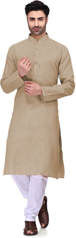Men Solid Cotton Linen Straight Kurta  (Brown)