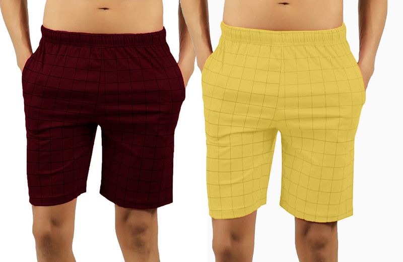 Pack of 2 Checkered Men Maroon, Yellow Regular Shorts