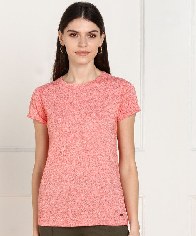 Women Self Design Round Neck Cotton Blend Orange T-Shirt