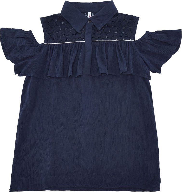 Girls Cotton Blend Ruffeld Top  (Blue, Pack of 1)