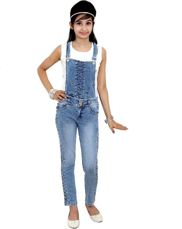 Dungaree For Girls Casual Solid Cotton Lycra Blend  (Light Blue, Pack of 1)