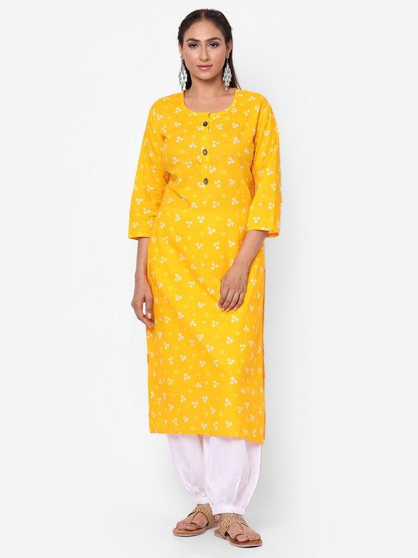 Women Bandhani Pure Cotton Straight Kurta  (Yellow)