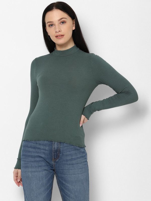 Women Striped High Neck Viscose Rayon Green T-Shirt