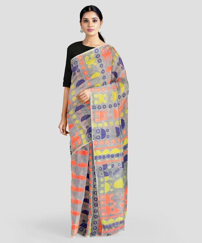 Printed Jamdani Cotton Silk Saree  (Grey)