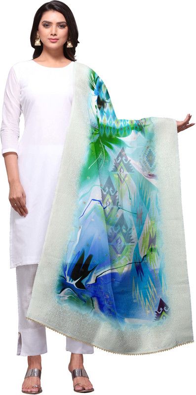 Cotton Silk Floral Print Blue Women Dupatta