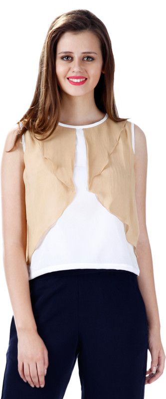 Casual Sleeveless Solid Women White, Beige Top