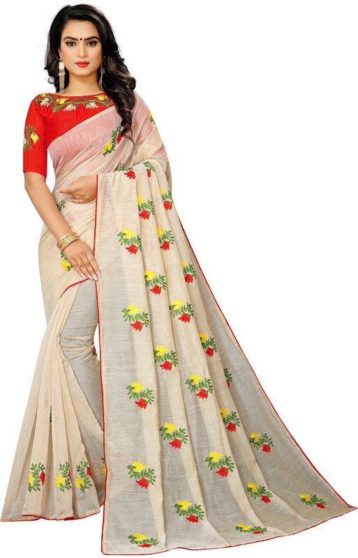 Embroidered Fashion Cotton Blend Saree  (Beige)