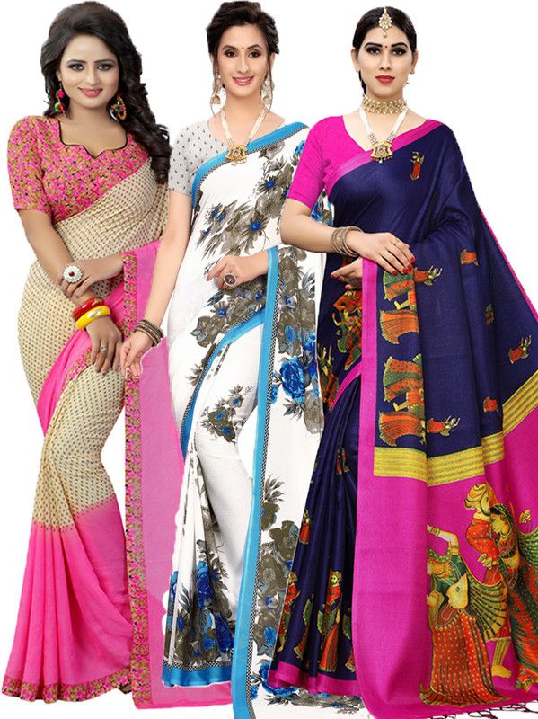 Printed Bollywood Georgette Saree  (Pack of 3, Pink, Blue)