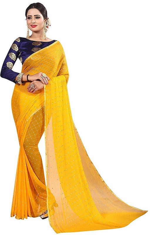 Embellished Bollywood Chiffon Saree  (Yellow)