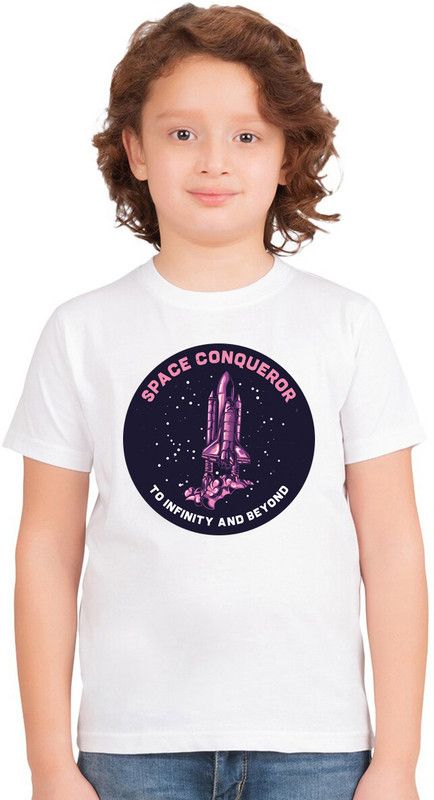 Boys Typography, Graphic Print Polycotton T Shirt  (White, Pack of 1)
