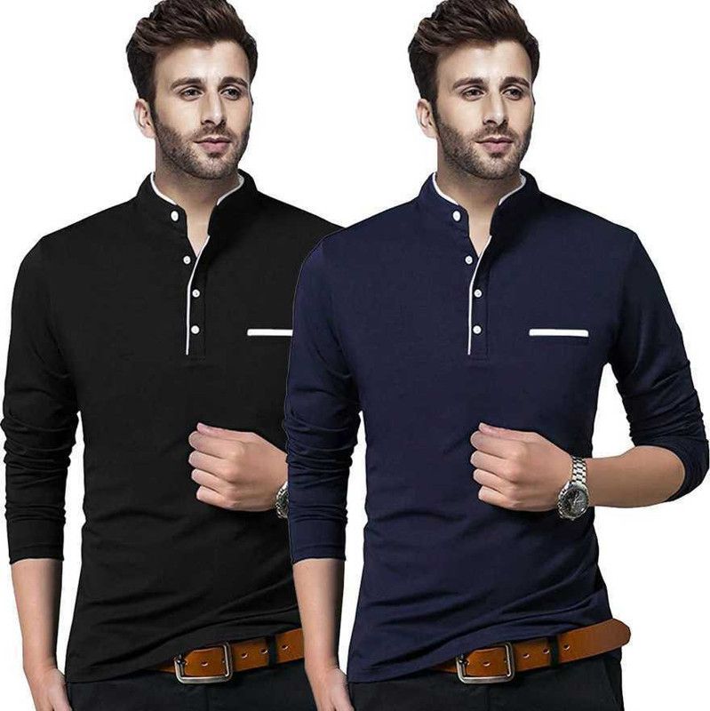 Pack of 2 Men Solid Mandarin Collar Cotton Blend Blue, Black T-Shirt