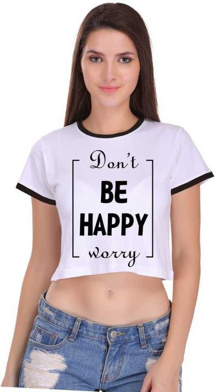 dontbehpywryrngrcrop38 Women Graphic Print Round Neck Cotton Blend White T-Shirt