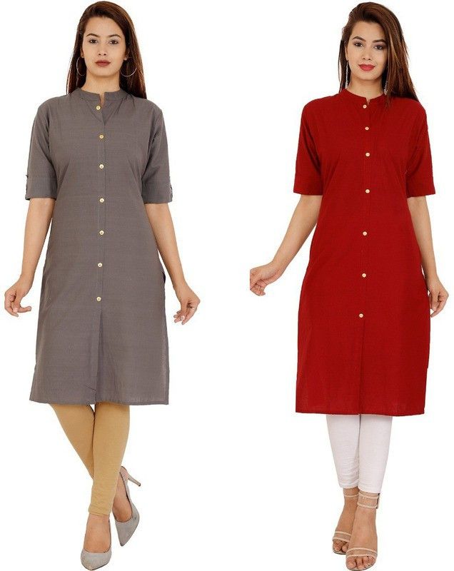 Pack of 2 Women Solid Cotton Blend Frontslit Kurta  (Maroon, Grey)