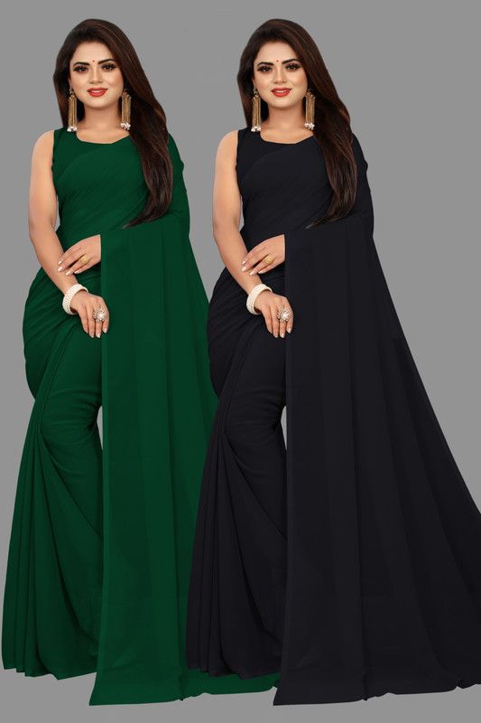 Solid/Plain Daily Wear Georgette Saree  (Pack of 2, Green, Black)