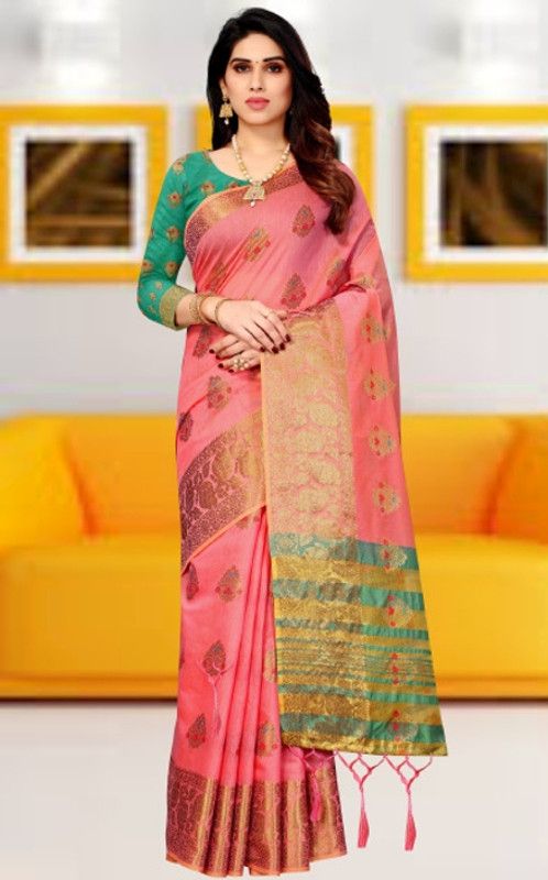 Self Design, Woven, Embellished Banarasi Art Silk, Cotton Silk Saree  (Pink)
