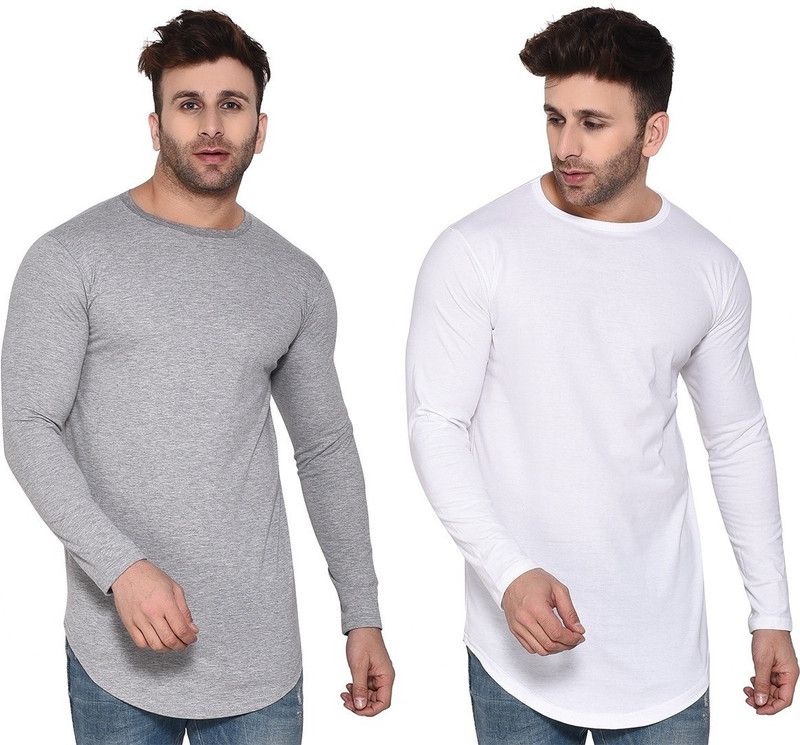 Pack of 2 Faizaan Men Solid Round Neck Cotton Blend White, Grey T-Shirt