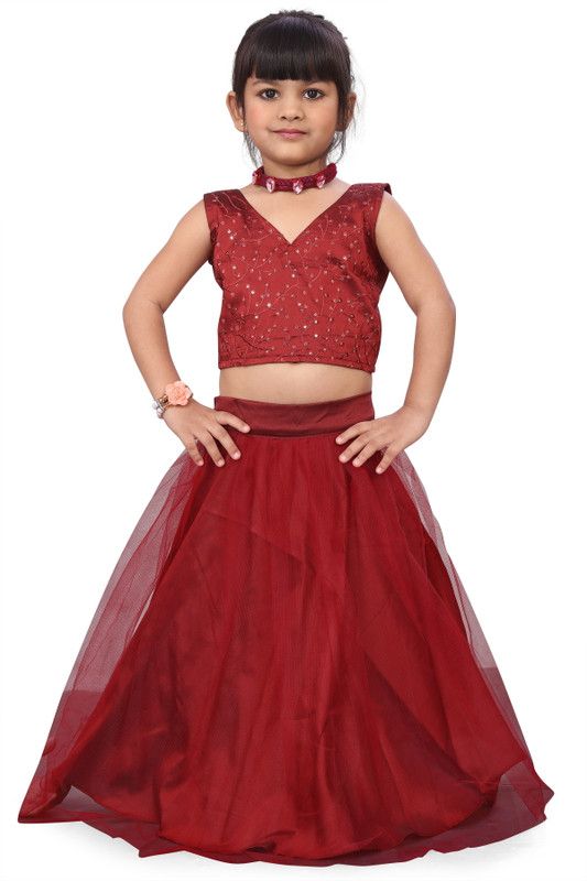 Girls Lehenga Choli Ethnic Wear Embroidered Lehenga & Crop Top  (Maroon, Pack of 2)