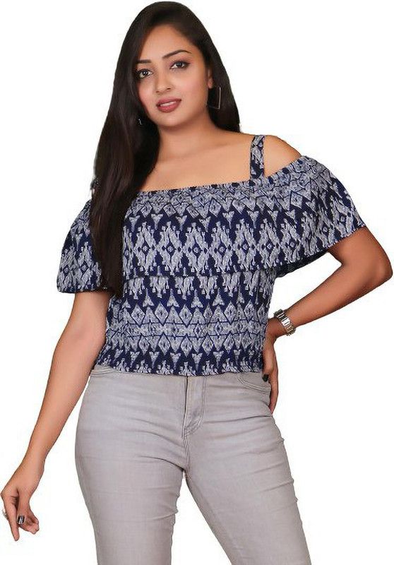 Casual Shoulder Straps Floral Print Women Blue Top
